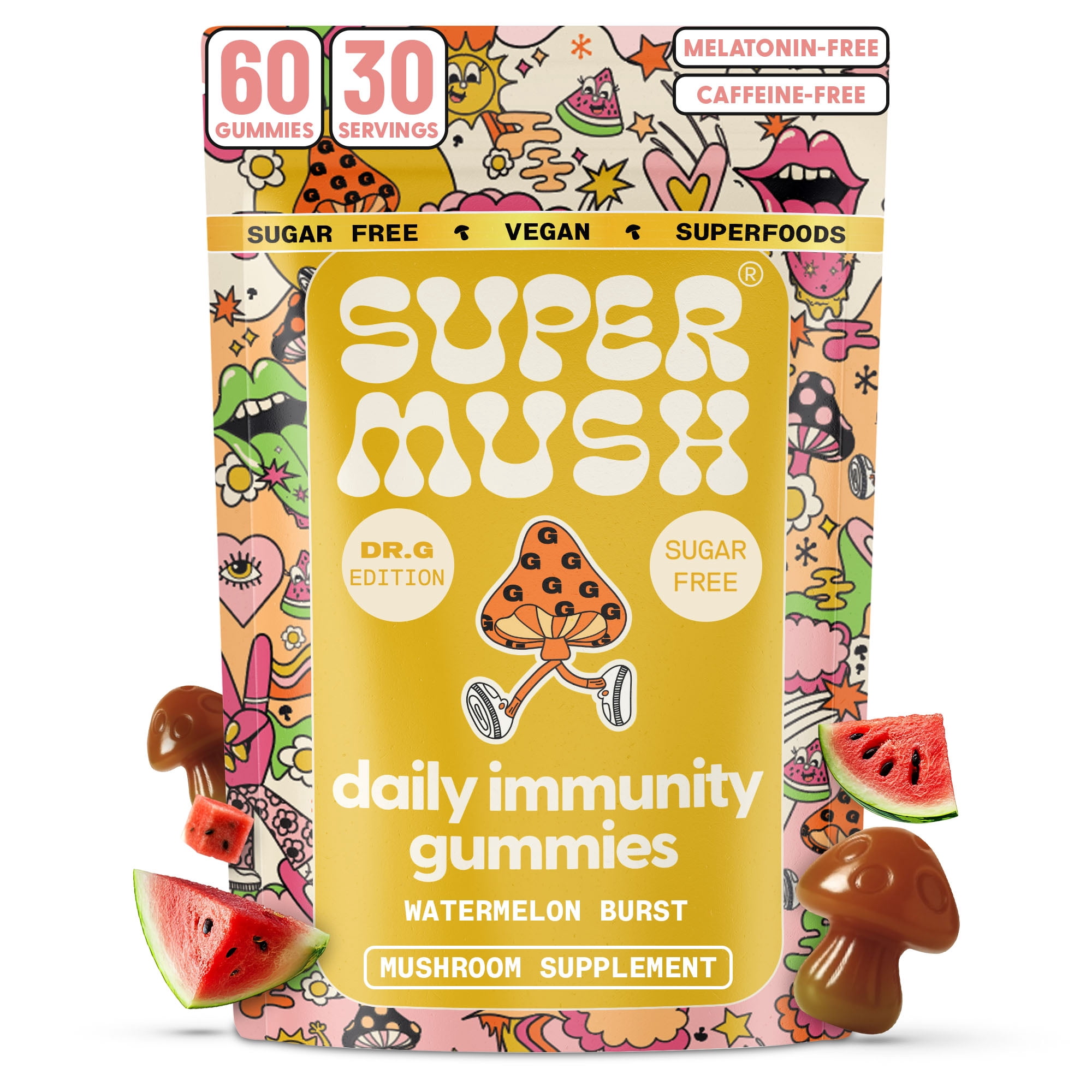 Supermush Dr. G Daily Greens Gummies - Lion’s Mane, Spirulina, Chlorella, Ashwagandha, Prebiotics & Vitamins C, D, Zinc - Vegan 60 Count