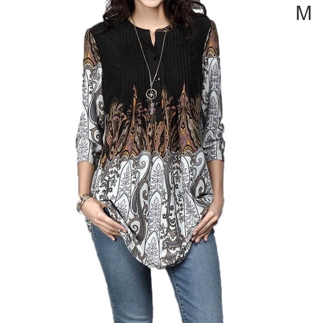 Femmes Chemise Bohème Imprimé T-shirt Col Rond Col Rond Blouse Top Casual, Noir, M