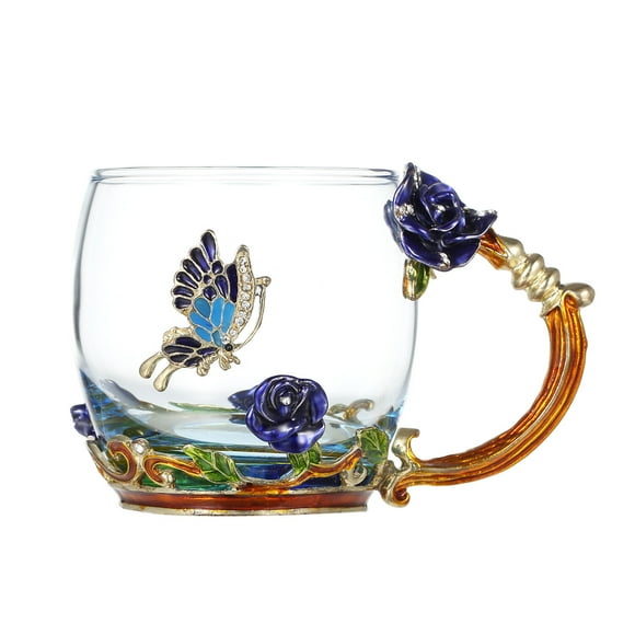 Graflsoa Elegant Enamel Tea Cup Set with Blue Rose Design, Includes Spoon and Cleaning Cloth, 320ML Heat-Resistant Glass for Coffee or Tea, Perfect Gift Idea
