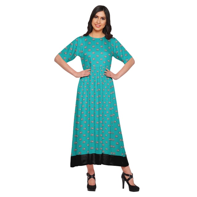 Moomaya Robe Kurti Tunique Longue Ligne A pour Femmes, Manches au Coude, Kurti Décontractée Imprimée
