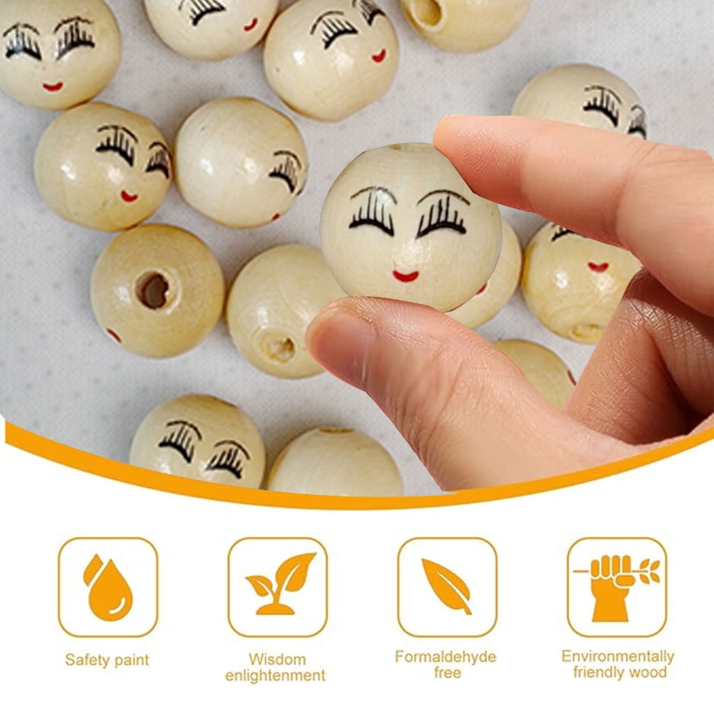 100Pcs Smiles Wood Beads Natural Wood Beads for Crafting Wooden Faced Beads, Wooden Balls with Hole for DIY Decor Craft