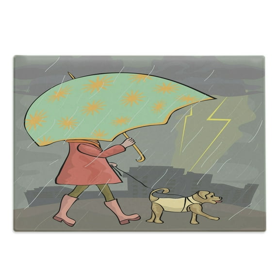 Umbrella Girl Cutting Board, Interpretation of a Lady Walking with a Dog Under Rainy Weather, Decorative Tempered Glass Cutting and Serving Board, in 3 Sizes, by Ambesonne