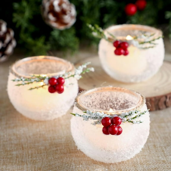 6 Pcs Christmas Votive Candle Holders with Snowy and Red Berry Pine Leaves Xmas Glass Tealight Candle Holders for Table Centerpiece Fireplace Home Ornaments Wedding Party Indoor Decorations
