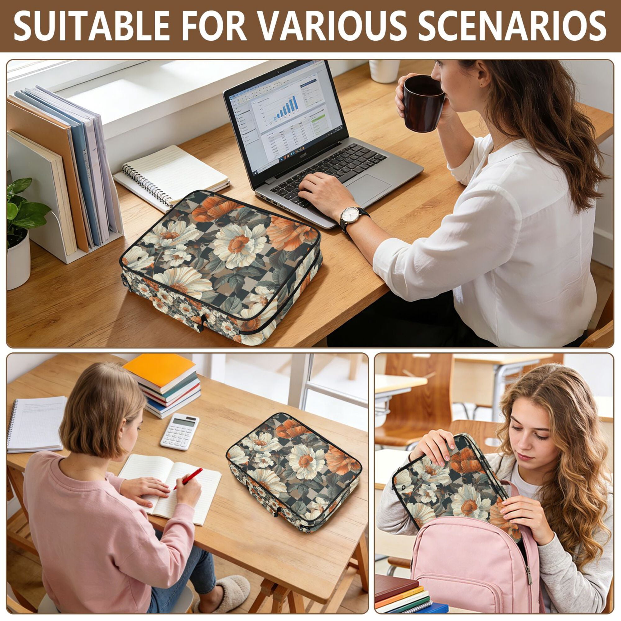 FORMRS Accordion File Folder A4 Size 7-Pocket Expanding Document Organizer Bag with 3 Ring Binder, Gray Floral Pattern