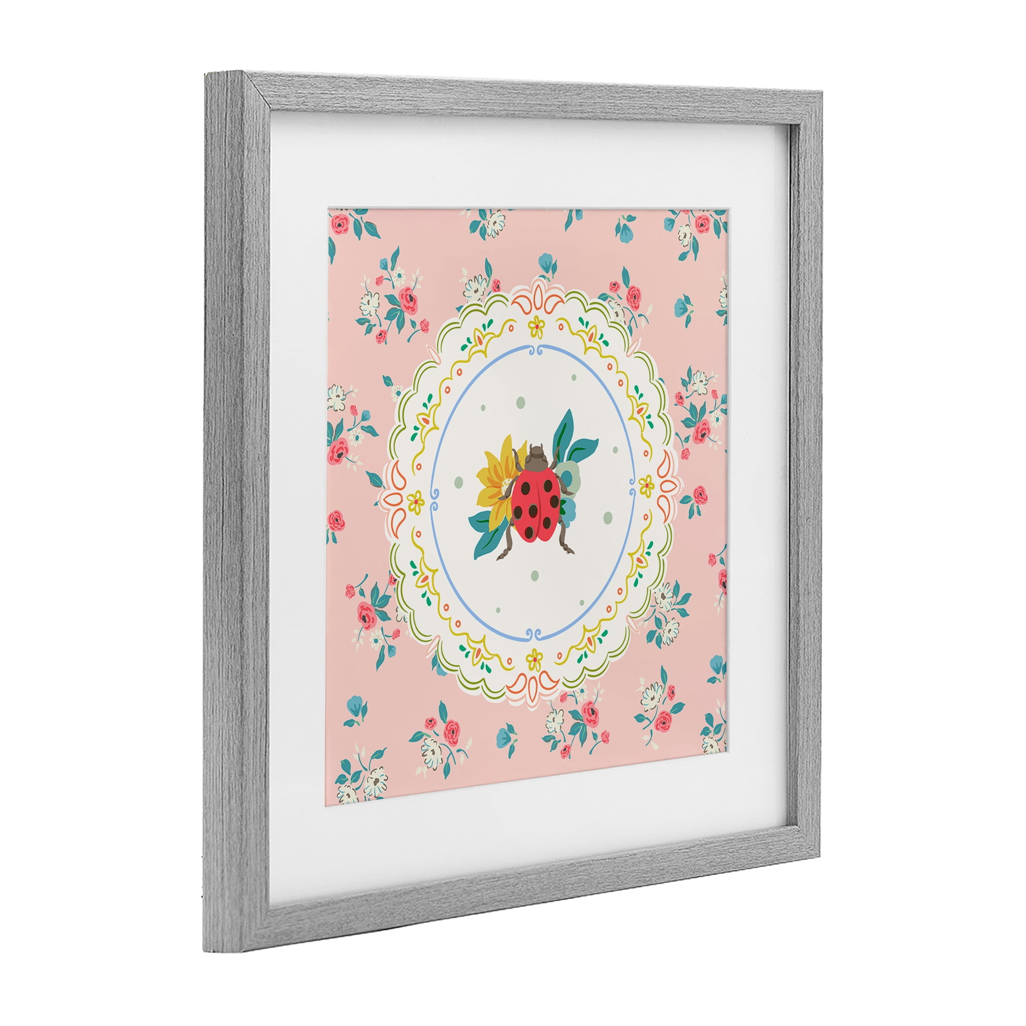 Spring Lady Bug Lace Pattern Gray Framed Print Under Glass, design by Angela Steahling
