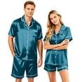 thumbnail image 2 of Garbnen Silk Matching Pajama Set for Couples 2 Piece Short Sleeve Button Down Sleepwear Pjs Shorts Set Soft Mens Loungewear Sets Shorts Blue 4XL, 2 of 8