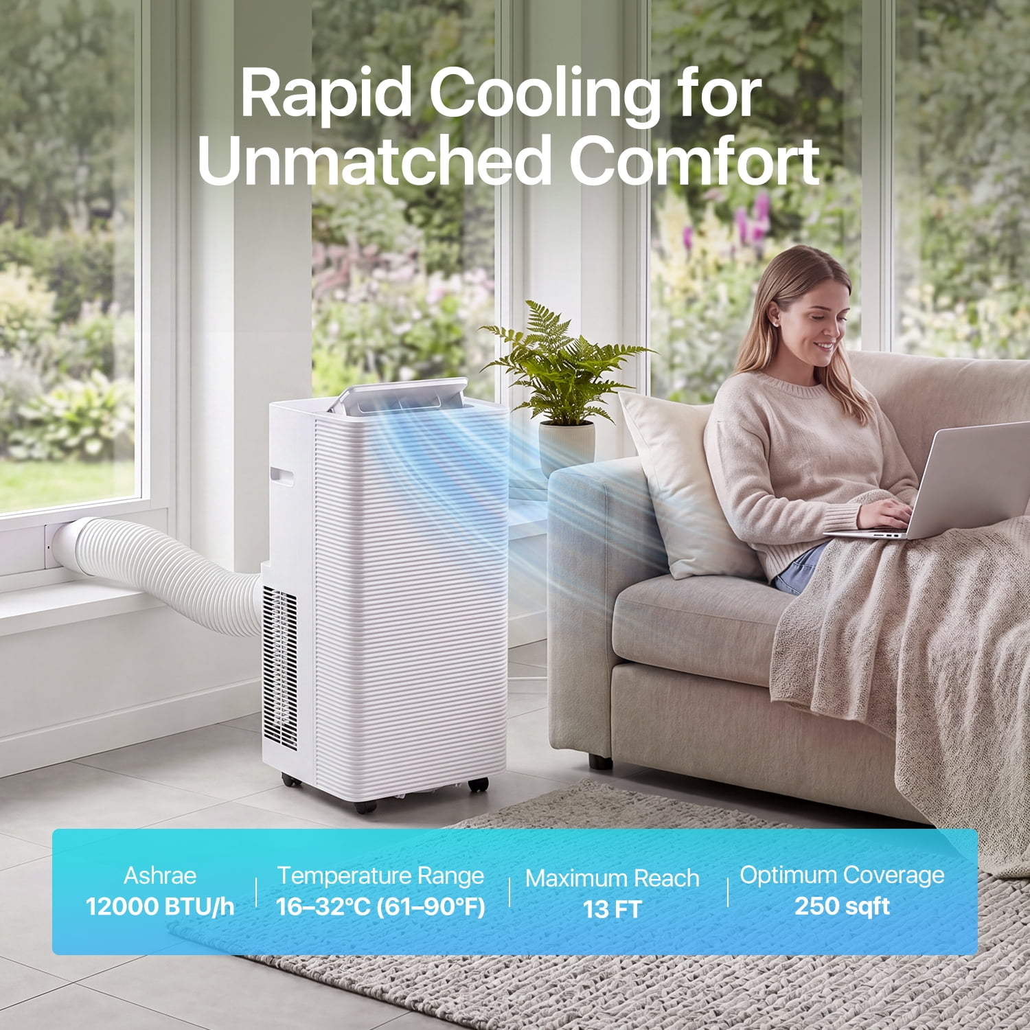 Dateyes 12000 BTU Portable Air Conditioners, 4-1 Standing Smart Cooling AC with Remote Control, Cooling, Heating， Dehumidifier and Fan, Automatic Unit for Bedroom, 55dB Quiet, Portable AC for Room