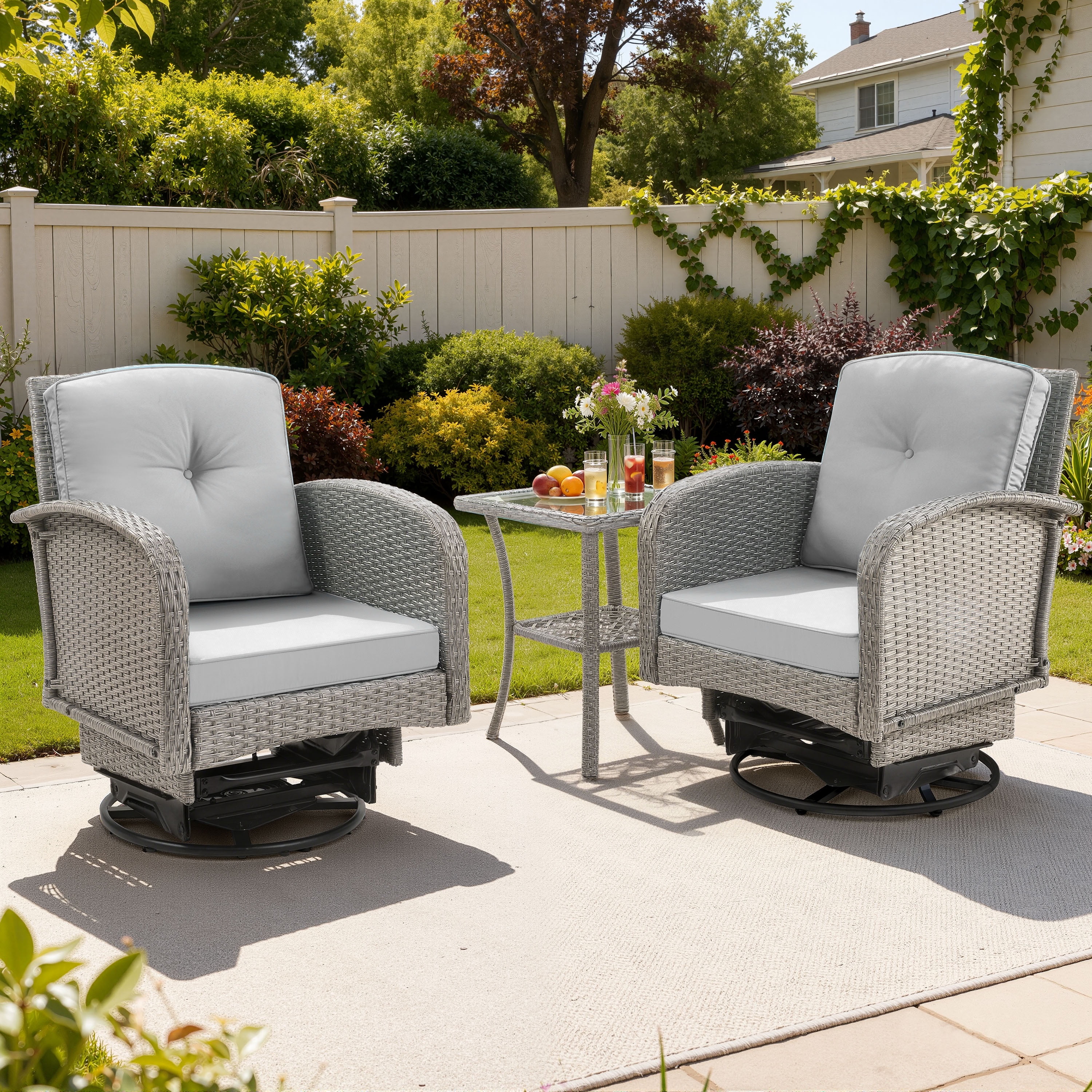 3 Piece Outdoor Bistro Swivel Chairs Set, Patio Bistro Set w/ 360° Swivel Rocking Chairs & Table, All-Weather Conversation Set with Metal Frame for Patio Backyard Porches or Garden - Light Gray