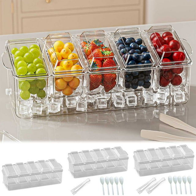 Contenedores Transparentes con Tapa, Caja para Fruta, Compartimento de Plástico Apto para Picnic, Caja Transparente para Conservar Alimentos Frescos con Compartimento para Hielo Integrado, 41 X 15,5