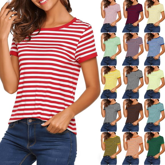 Axiiglly Striped Short Sleeve Tops for Women Relaxed Fit Basic Tees Soft and Stretch, S-2XL