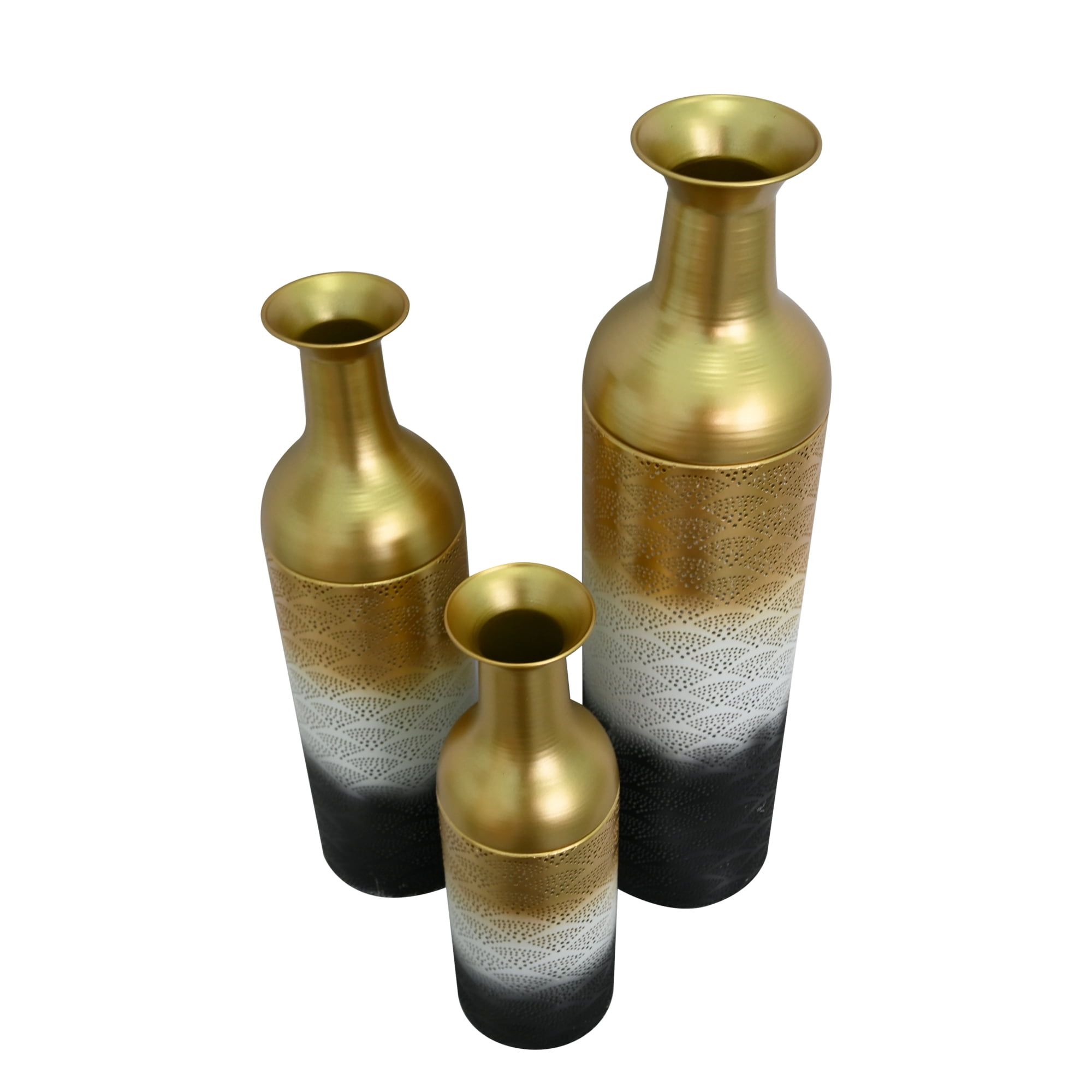 Leumius Decorative Metal Vases Set of 3, Leaf Pattern Floor Vases, White & Gold & Black Tall Vases for Home Decor, Living Room Entryway Decor