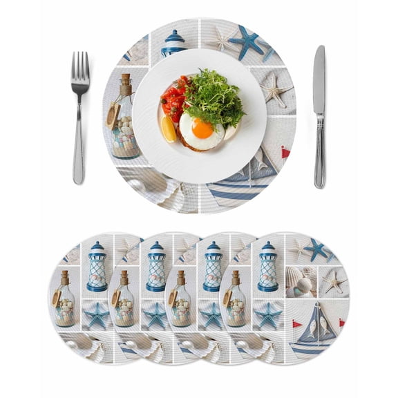 Blue Oceans Beach Round 15 Inch Placemats Set of 4, Nautical Coastal Starfish Seashell HeatResistant Non Slip Place Mats for Dining Table, Wipeable Braided Kitchen Table Mats for Housewarming