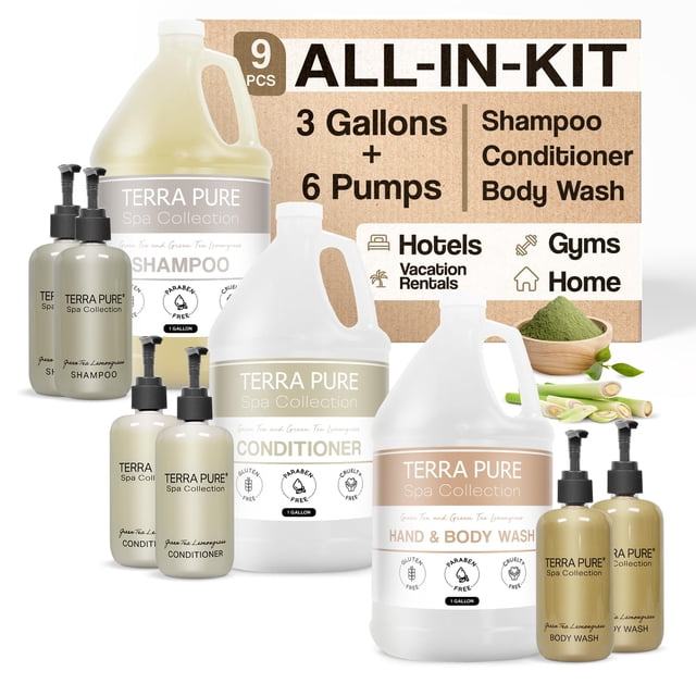 Juego de dispensador y galón Terra Pure Spa Collection | Kit de amenidades para 1 tienda | Champú Acondicionador Gel de Baño | Botellas con bomba recargables de 10,14 oz