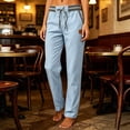 thumbnail image 4 of qolati Sweatpants for Women Lightweight Loose Fit Cotton Linen Work Trousers Casual Drawstring Elastic Waist Straight Leg Lounge Pants with Pockets Light Blue L, 4 of 7