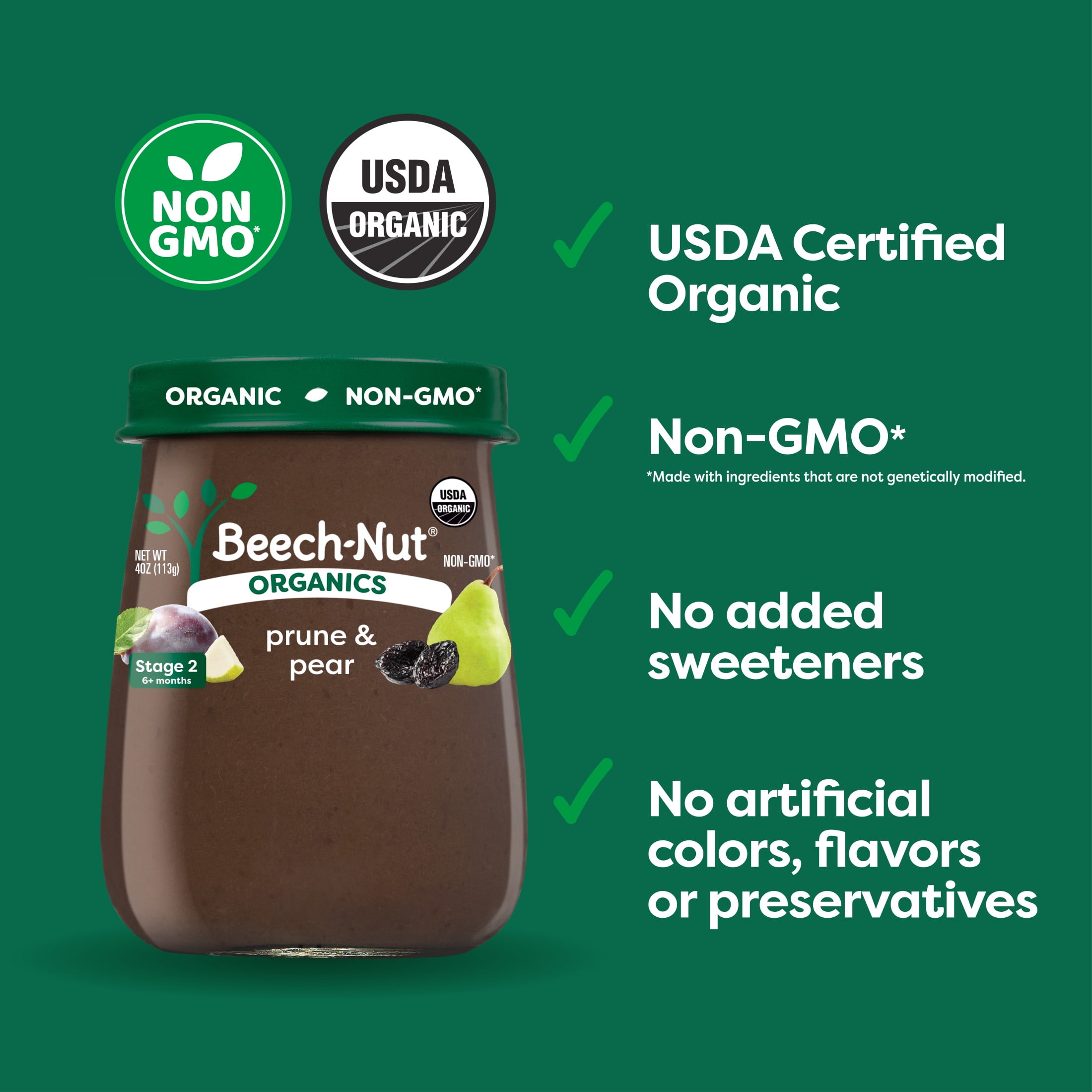 (3 pack) Beech-Nut Organics Stage 2 Organic Baby Food Prunes & Pears, 4 oz Jar