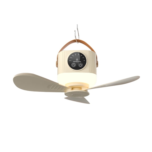 Beige Portable Ceiling Fan With Light, Usb Camping Lamp And Pendant Fan With 3-Level Dimmable Light For Outdoor Tent And Indoor Bedroom 9.25X9.25X3.27In