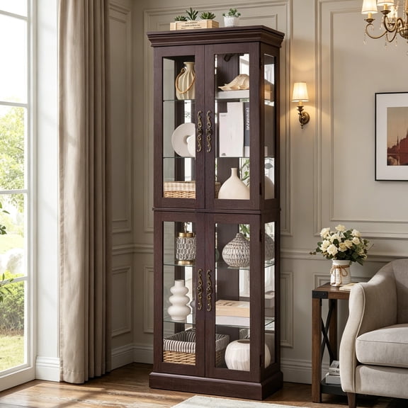 HIUU 71"H Cherry Curio Display Cabinet with LED Lights,Tall Thin Storage Cabinet with Glass Doors,Freestanding Display Cabinets,Wood Cabinets for Living Room, Kitchen