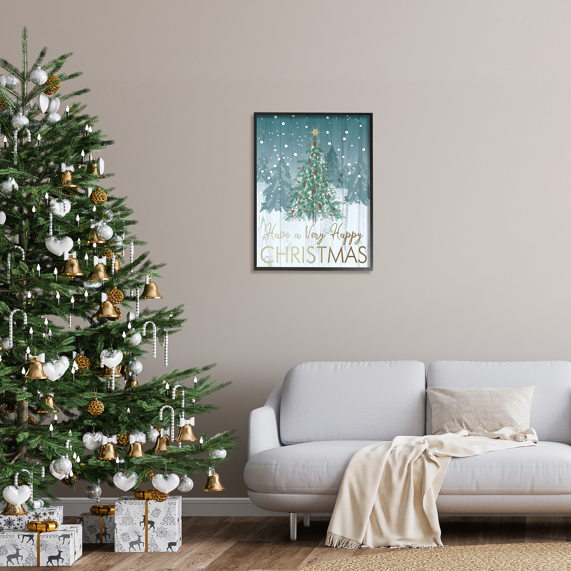 Happy Christmas Glam Detail Text Rustic Fir Tree Botanical & Floral Graphic Art Framed Art Print Wall Art