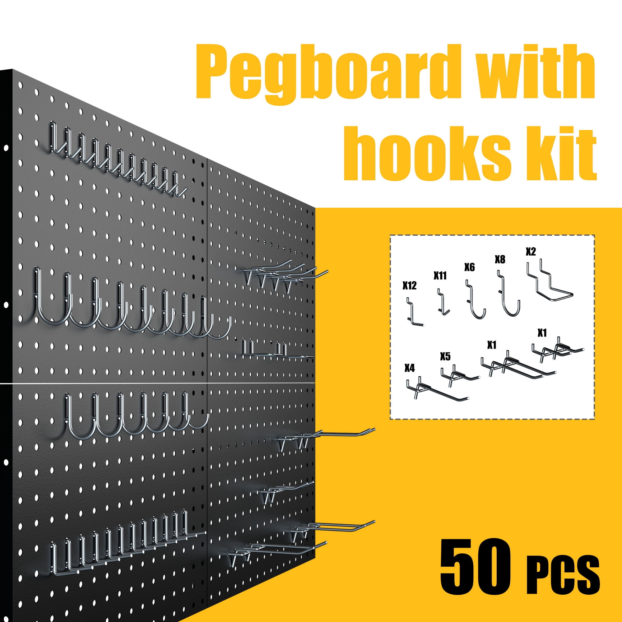 Peg Board, 4 Pack Metal Pegboard Panels with 50 Hooks, Black Pegboards Wall Organizer, Heavy Duty Peg Board for Walls Home, Garage Tool Storage, Office Organization, Craft Room, Kitchen
