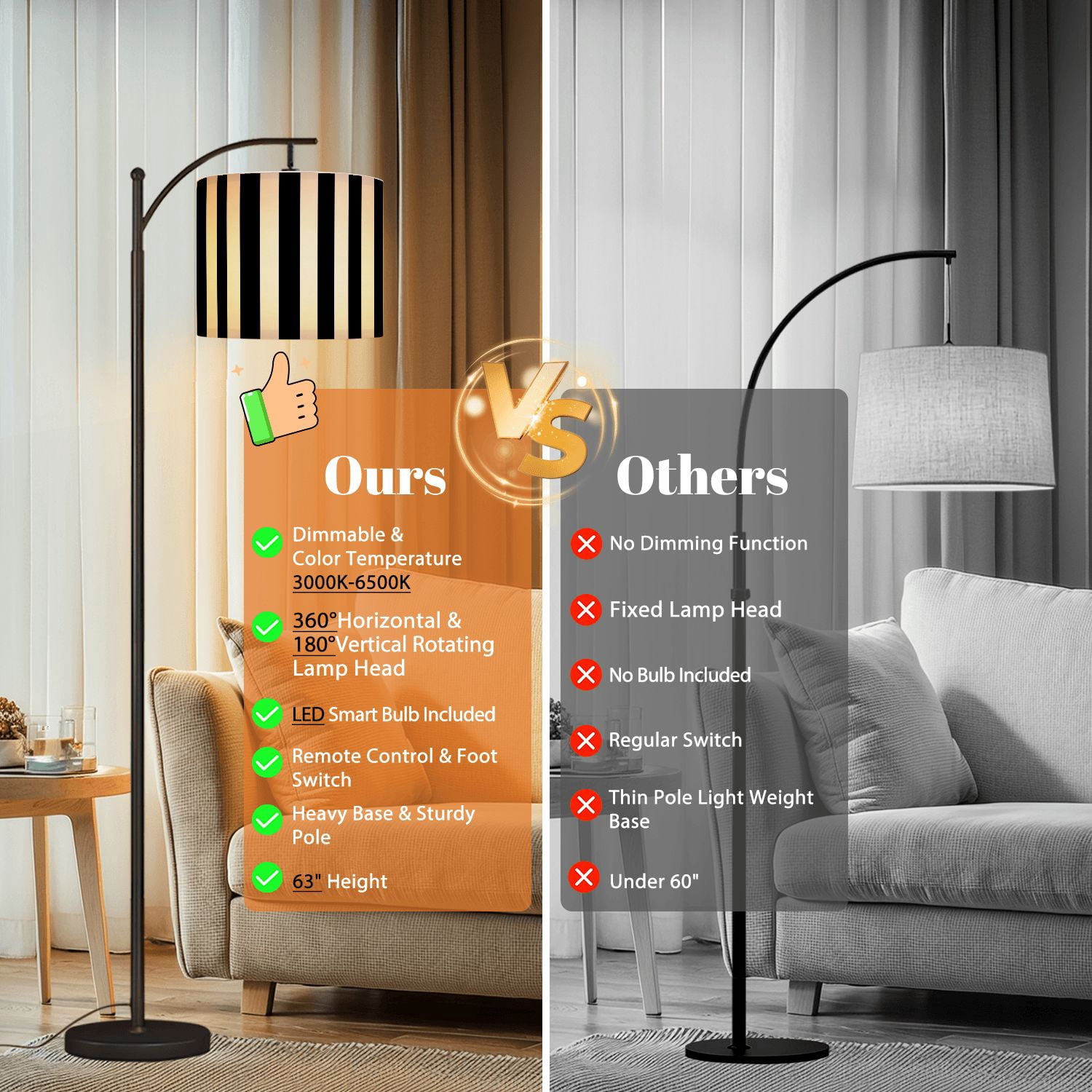 Arc Floor Lamp Striped black white Tall Modern Standing Lamp LED Adjustable Linen Lampshade 3 Color Temperatures