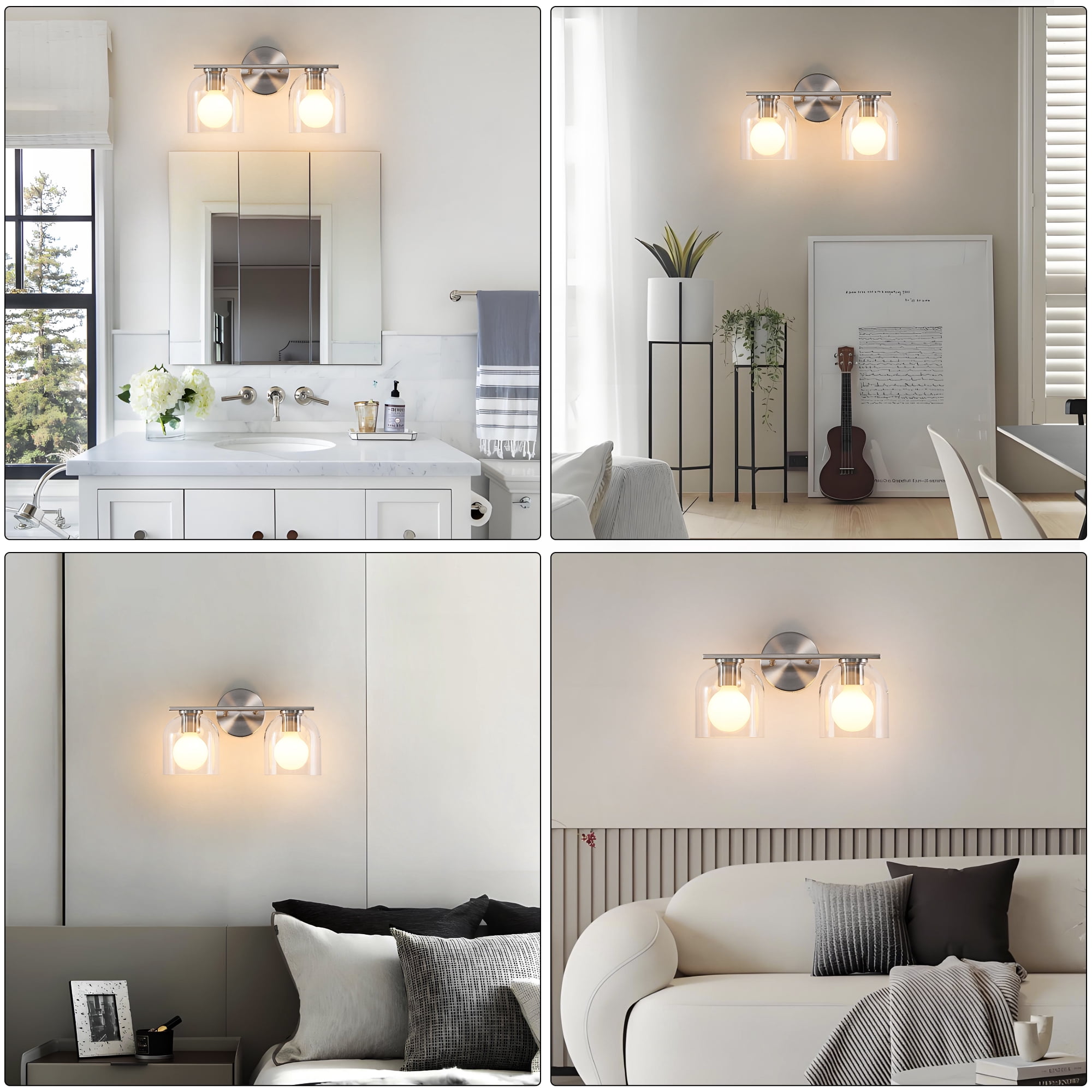 Modern Bathroom Light Fixtures, 2 Light Vanity Lights Over Mirror, Brushed Nickel Wall Lamp with Clear Glass Shade for Living Room Cabinet Bedroom Porch