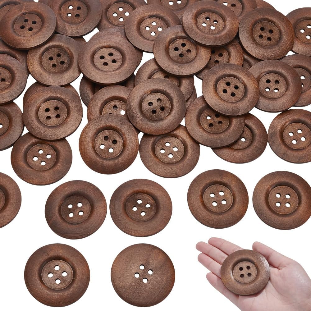 44Pcs Wood Buttons 4-Hole Flat Round Black 60x5mm Hole: 5mm