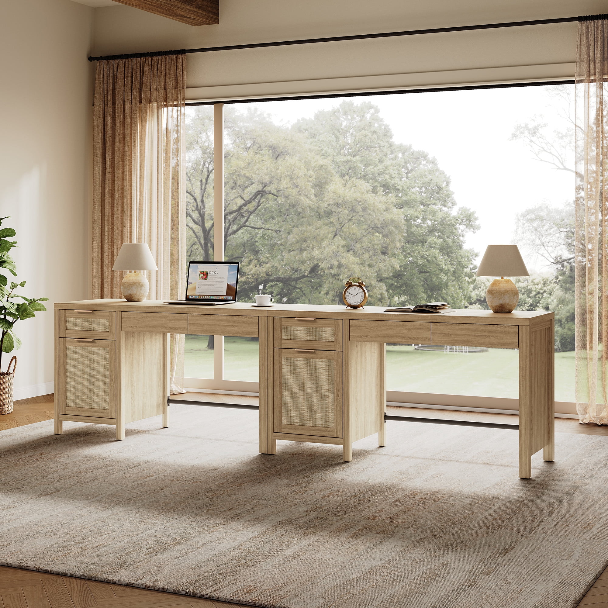 SICOTAS 55" Wide Farmhouse Writing Desk with Rattan Decor & Hidden Drawers–Spacious Desktop for Dual Monitors, Adjustable Shelf, Sturdy Engineered Wood, Boho Style for Home Office or Vanity