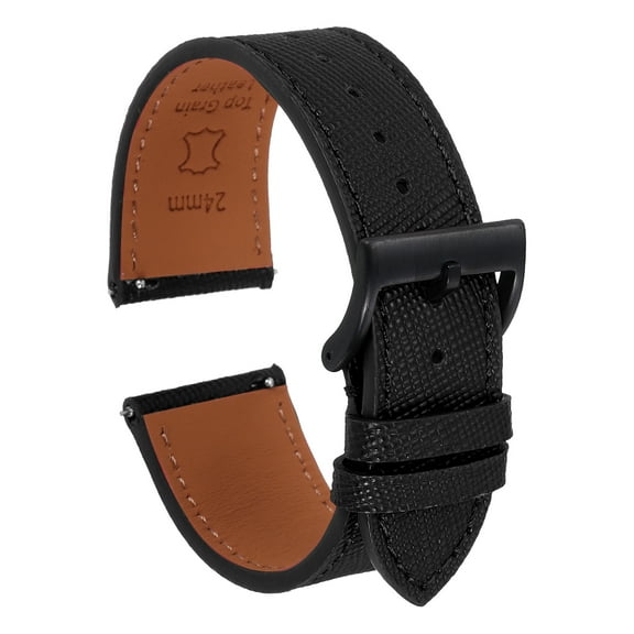 Uxcell Genuine Leather Watch Band 24mm Quick Release Replacement Watch Strap with Stainless Steel Black Buckle for Men Women, Black