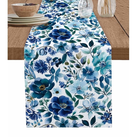 Ldtrchee Abstract Floral Table Runner 120 Inches, Blue Flowers Retro Country Watercolor Bed Runner Dresser Scarves Tabletop for Indoor Outdoor Parties/Ceremony/Banquet, 13"x 120"