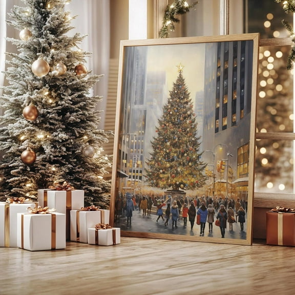Nyc Winter Print, Rockefeller Tree Winter Scene, Winter Streets Poster Home Decor #3205, Unframed Poster Size 8x12