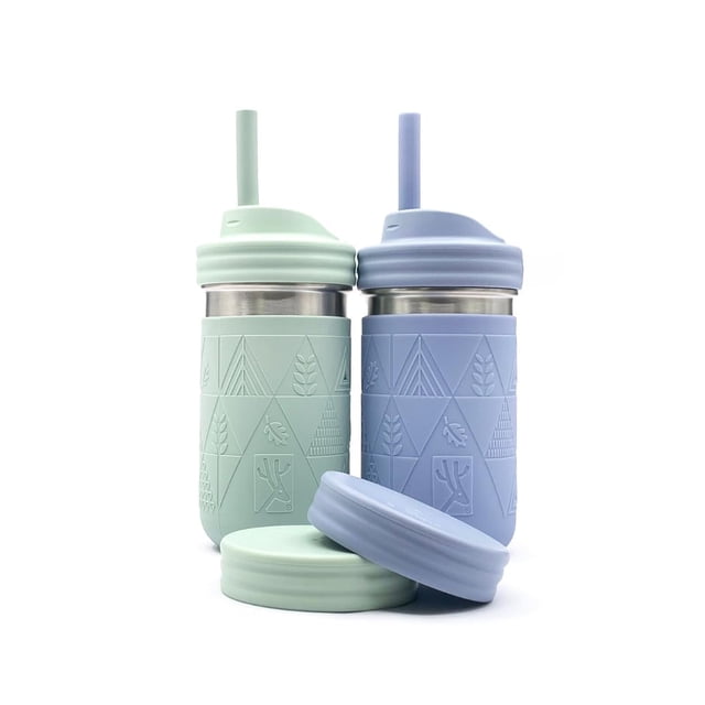 Elk and Friends Stainless Steel Cups | 14 oz Mason Jar Design | Kids & Toddler Cups with Silicone Sleeves & Straws with Stopper | Smoothie C