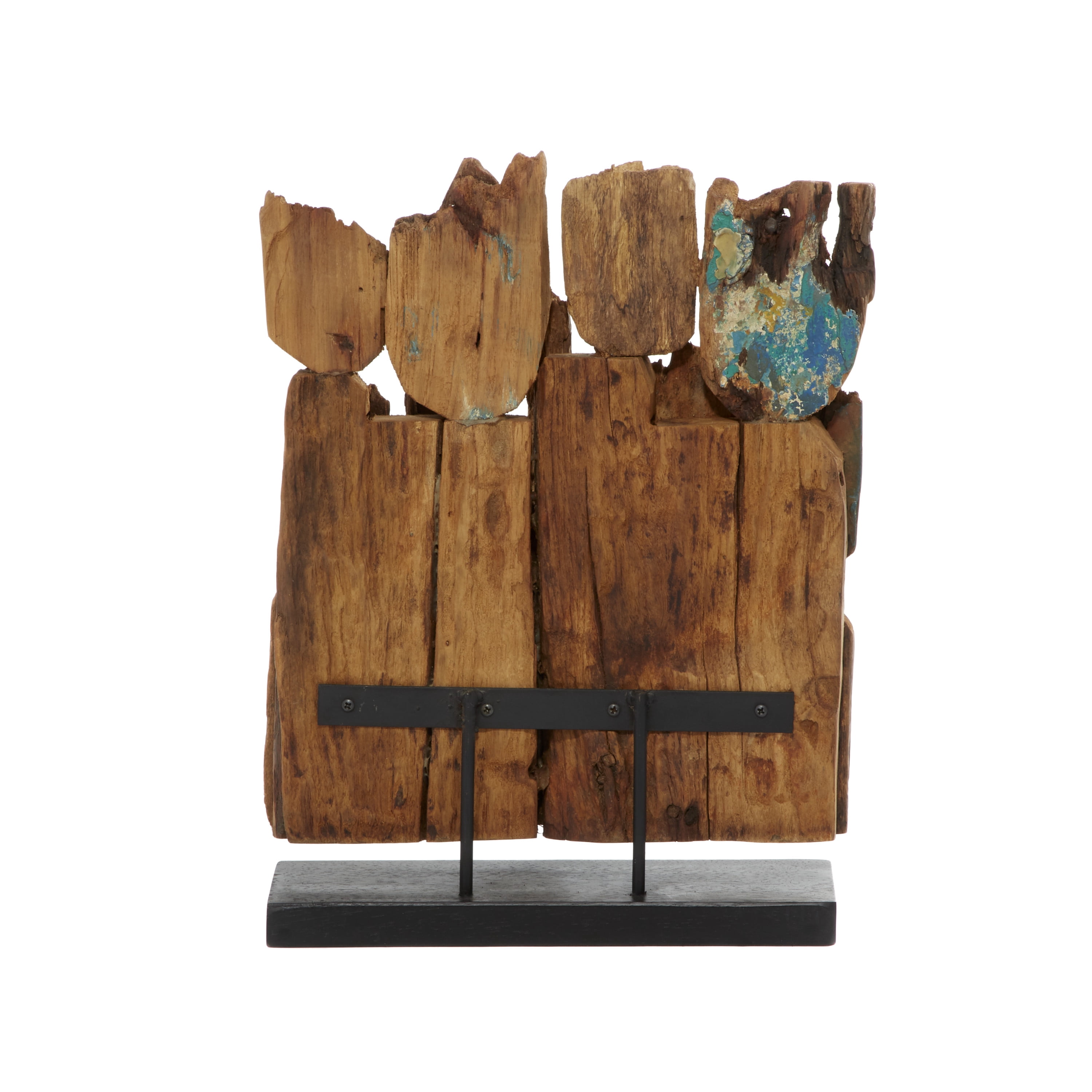 13" x 16" Brown Teak Wood Handmade Carved Abstract Sculpture with Faces, by DecMode