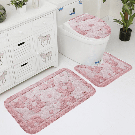 Pink Floral 3-Piece Bath Rug Set, Non-Slip Polyester Bathroom Mats, Soft Plush Shaggy Rugs with TPR Backing for Toilet, Tub & Shower - Valentines Day Decor