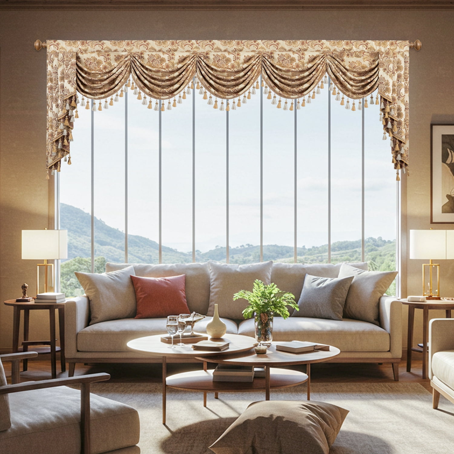 VOGOL Beige Damask Valance, Beaded Tassels Swag Curtains 138x43 Inches for Villa Windows