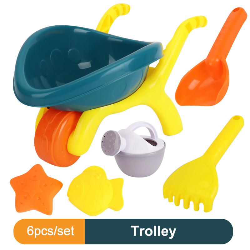 Set Of 6 Trolley/Truck/Bucket Beach Toy For Sand Play Set With Cart Watering Can Rake Shovel And