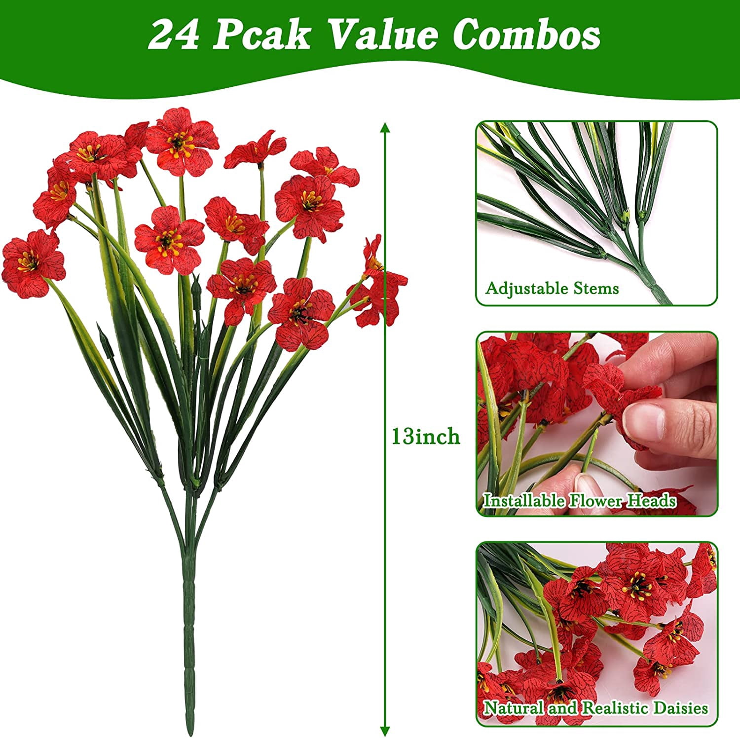 16 Bundles Artificial Flowers for Outdoors, Fake Silk Flowers Faux Plants UV Resistant for Hanging Planters Window Box Front Porch Indoor Outside Decorations (Red)