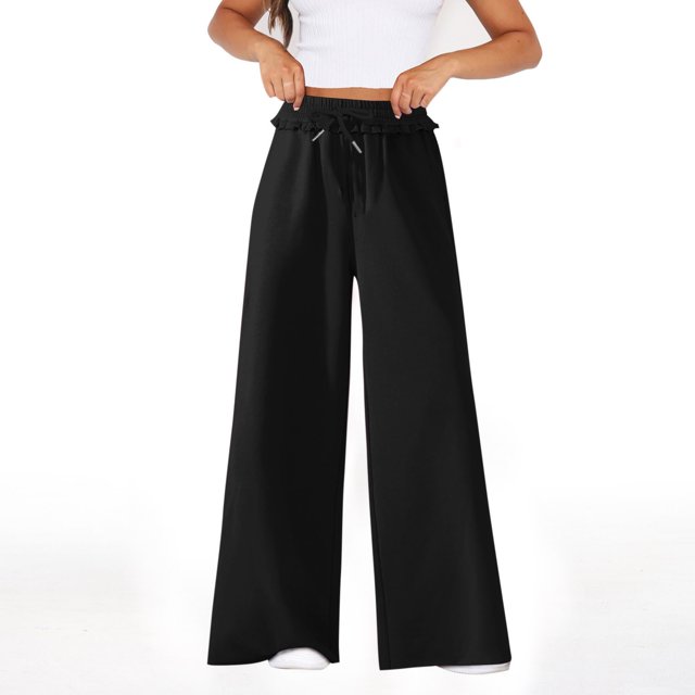 AherBiu Womens Pants High Waisted Drawstring Wide Leg Relaxed Fitted Solid Color Trousers with Pockets Fall Winter Outdoor Casual Pants