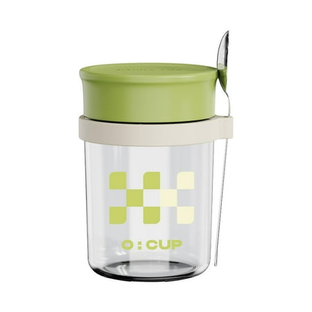 

PTJKU Portable Sealed Glass Breakfast Cup with Scale Line and Lid - Ideal for Oatmeal Coffee and More - Includes Spoon for Easy Portion Control on the Go green