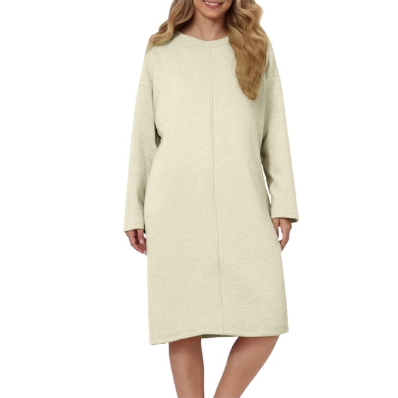 BWASD Women's Long Nightgowns Long Sleeve Winter Velvet Shirts Round Neck Loungewear Chest Cushion Full Length Long Nightshirt Beige Size One Size Casual Sleepwear