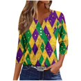 thumbnail image 2 of UPPADA Womens Chandails de Mardi Gras à Manches 3/4, Chemises à Imprimé Floral, Col Rond, Blouse à devant Plissé, Hauts d'Été Décontractés, Haut à Enfiler, Mode, Fête, Défilé, Hauts pour Femmes, Hauts à Manches 3/4, Économie, 2 of 5