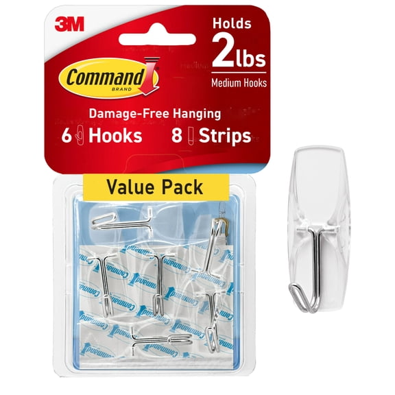 Command Wire Hook Value Pack, Clear, Medium, 6 Hooks, 8 Strips/Pack