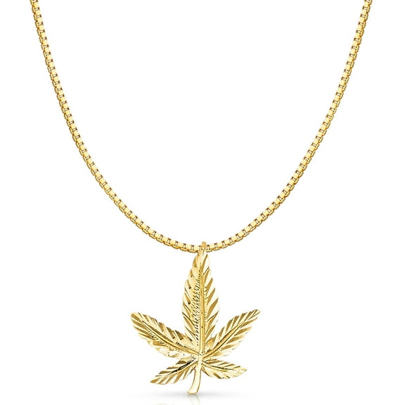 Ioka-14K Yellow Solid Gold Marijuana Leaf Charm Pendant with 1.2mm Box Chain Necklace - 16"