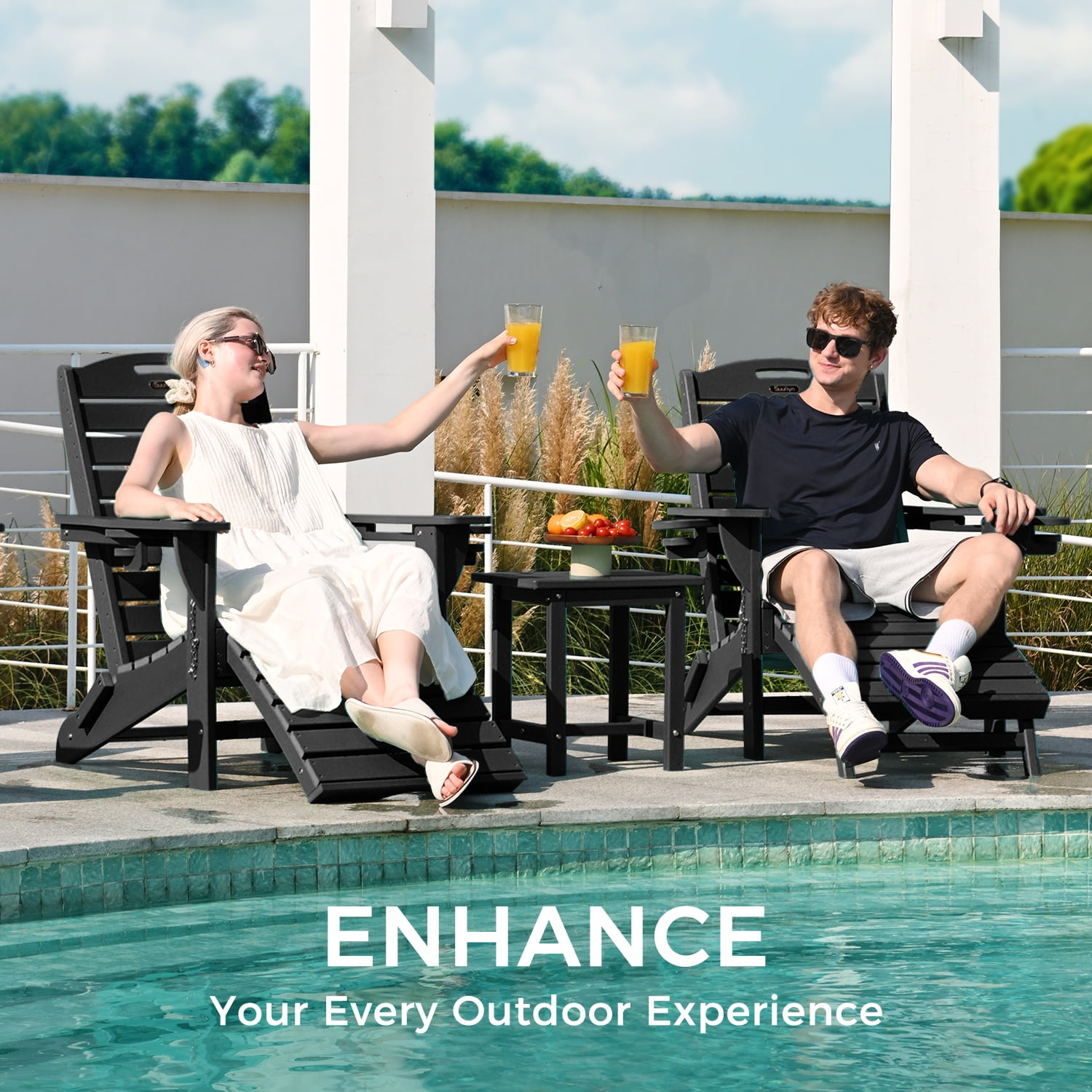 Ciokea Folding Adirondack Chair with Ottoman Set of 2 HDPE Outdoor Chair Pull Out Footrest 2 Cup Holders Patio Garden Black