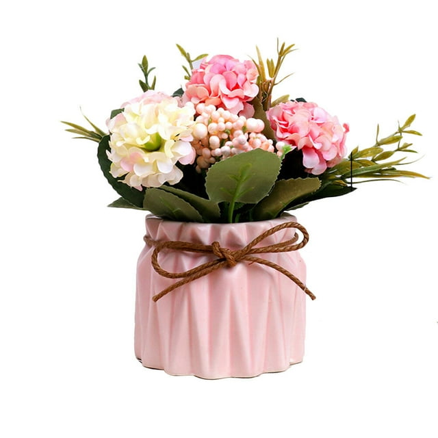 MasteelfCA Plastic Fake Rose Faux Green Grass Simulation Artificial Flowers Plants with Pots for Home Decor (Pink)