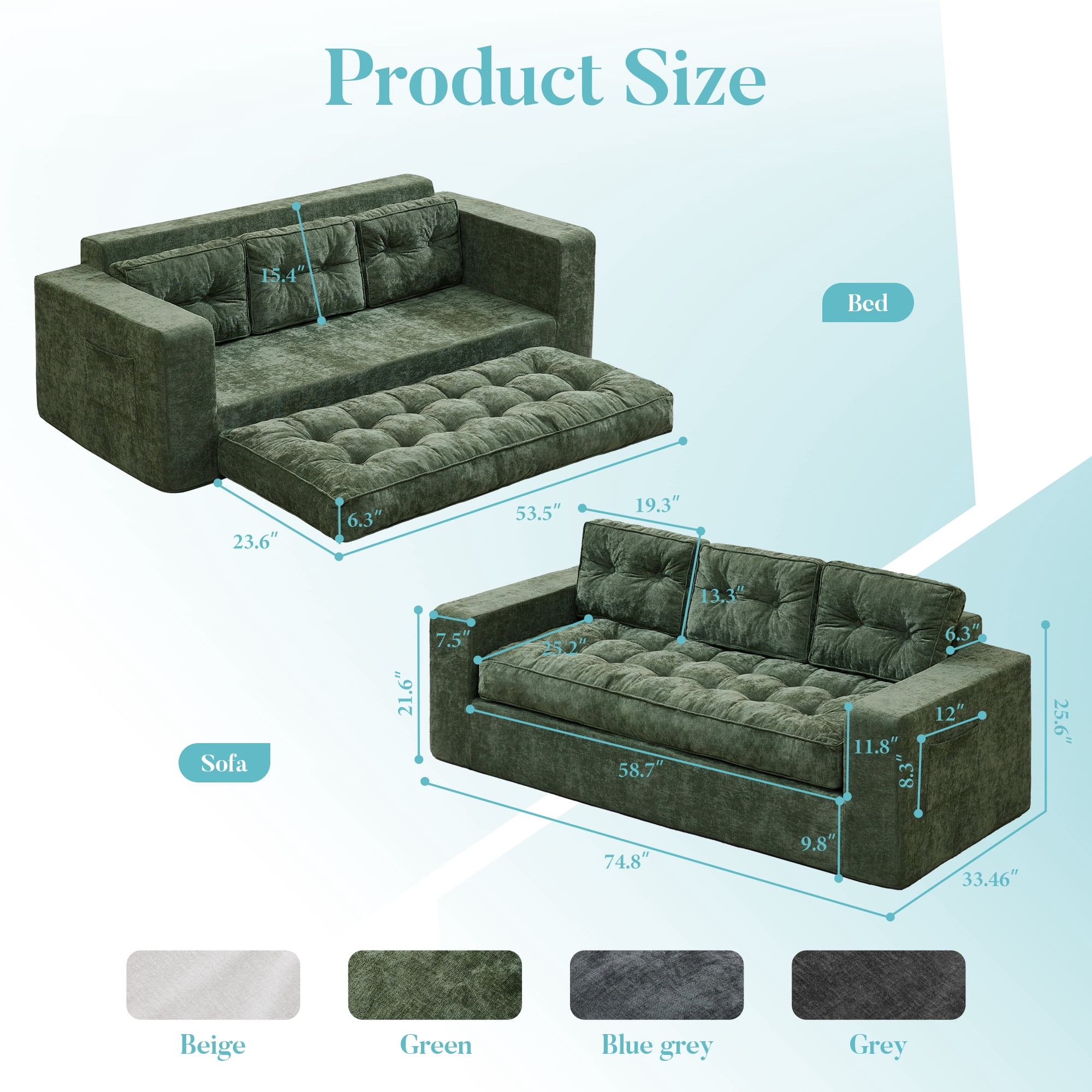 Hobestluk 3-Seater Sofa Boneless Couch with Tufted Button Design 2 in 1 Comfy Cloud Couch Oversized Sofa for Living Room Bedroom Apartment or Office (Green, 3 Seater)