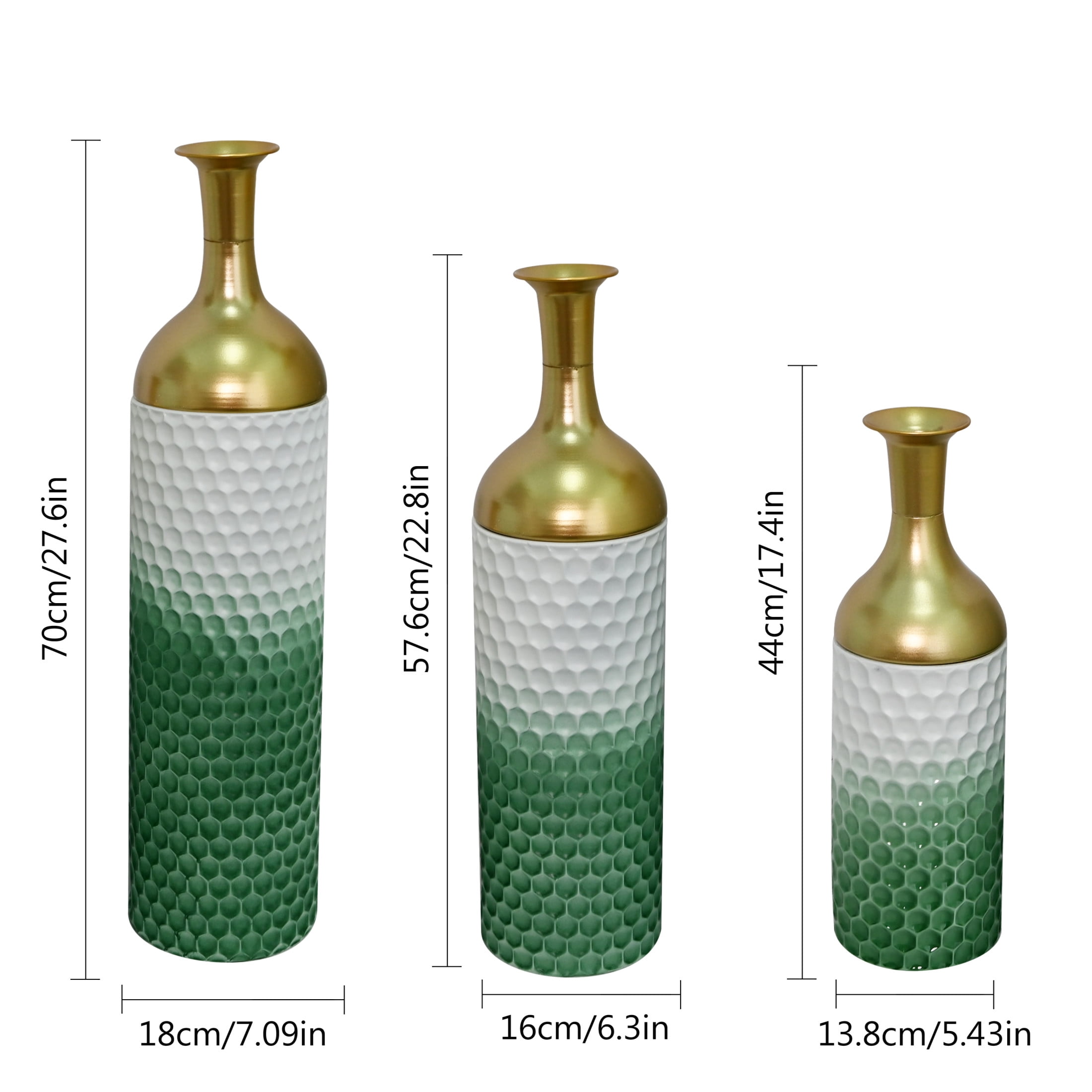 Noble House Set of 3 Decorative Metal Floor Vases, Tall Honeycomb Textured Vases for Home Decor, White+Green