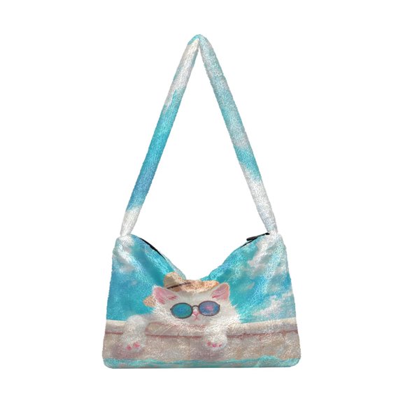 DIXRUYEE Kitten Straw Hat Print Plush Shoulder Bag Soft Faux Fluffy Hobo Tote Bag With Zipper Closure Casual Lightweight Crossbody Handbag