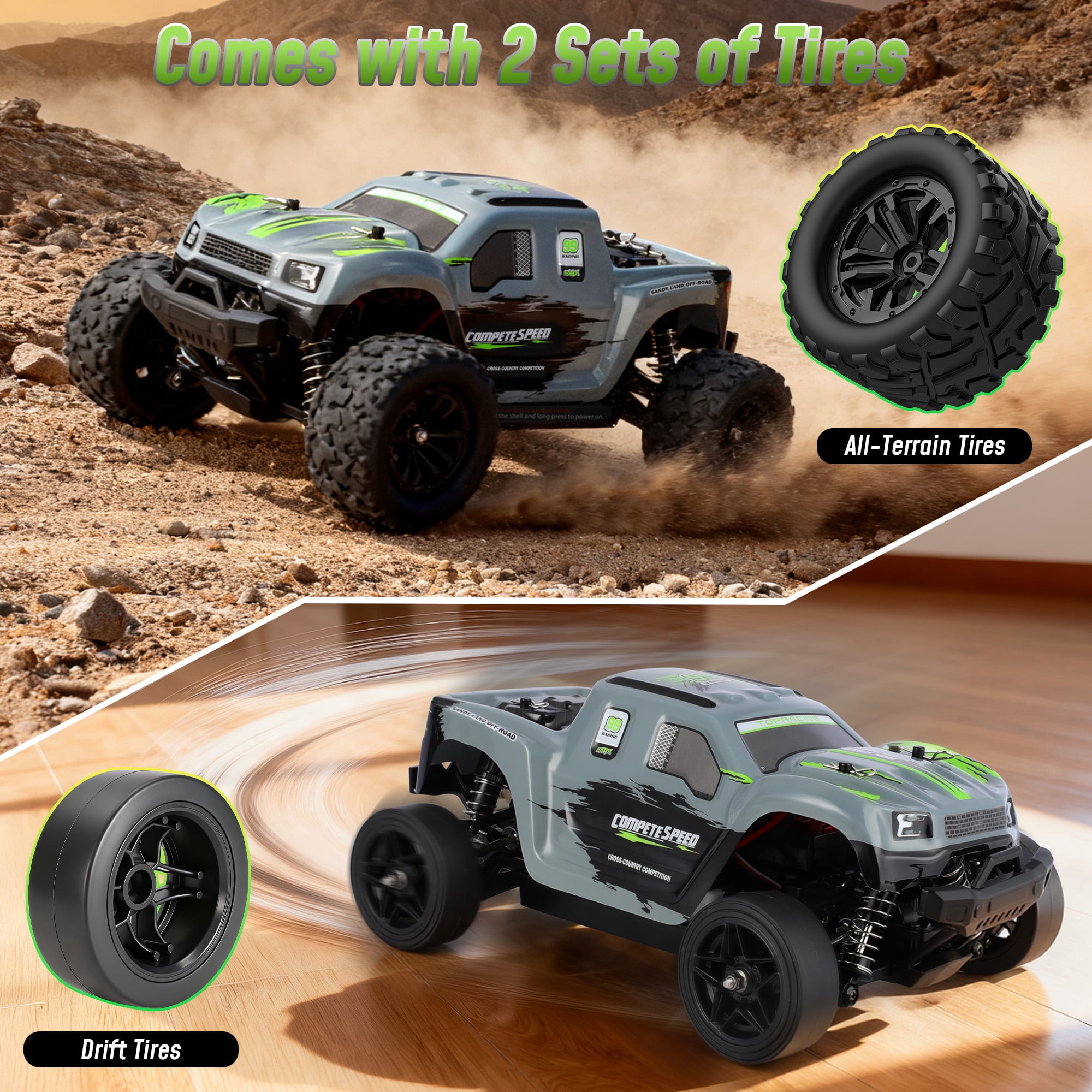Tcovle RC Cars for Adults, 1:18 Fast Remote Control Car, 36KM/H High-Speed RC Truck 4WD w/ Gyro Stabilization, Monster Truck Toy Gift for Kids Boys, 2 Batteries & Spare Drift Tires