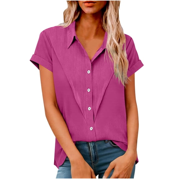Htigea Button Down T-Shirt for Women Cotton Linen V-Neck Short Sleeve Shirts Collared Tunic Tee Plus Size Summer Casual Everyday Tops Hot Pink S