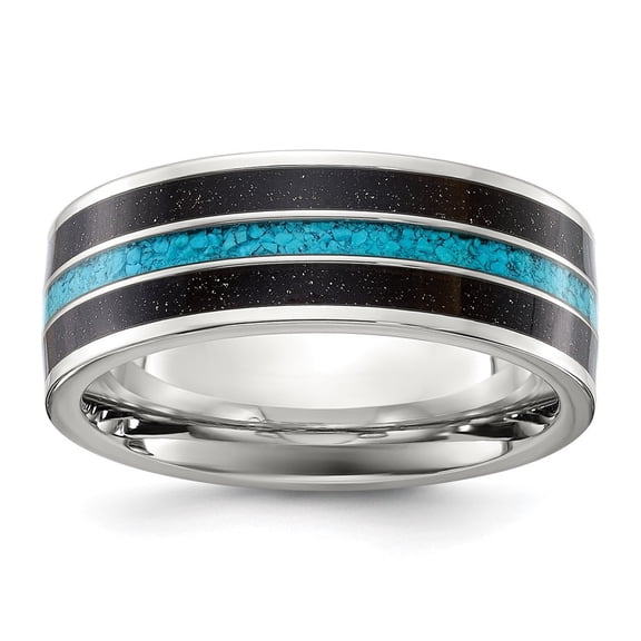 Auriga Fine Jewelry Stainless Steel Polished with Turquoise and Black Star Sandstone Inlay 8mm Band Size 10